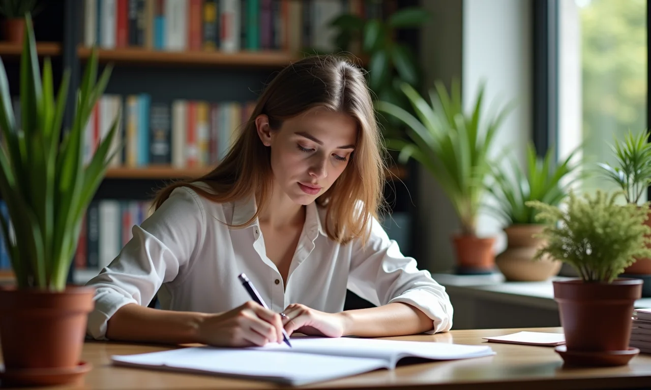 Jovem mulher analisando cuidadosamente os resultados de um teste vocacional em um escritório iluminado.