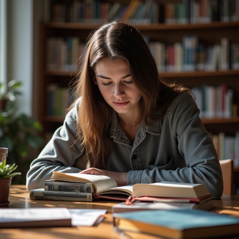Jovem mulher estudando em biblioteca, representando os benefícios da universidade estadual.