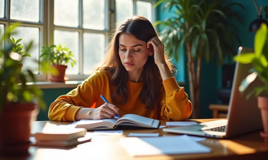 Como Estudar Sozinho Para o ENEM Um Plano de Ação Jovem mulher estudando para o ENEM em um ambiente acolhedor e bem iluminado.