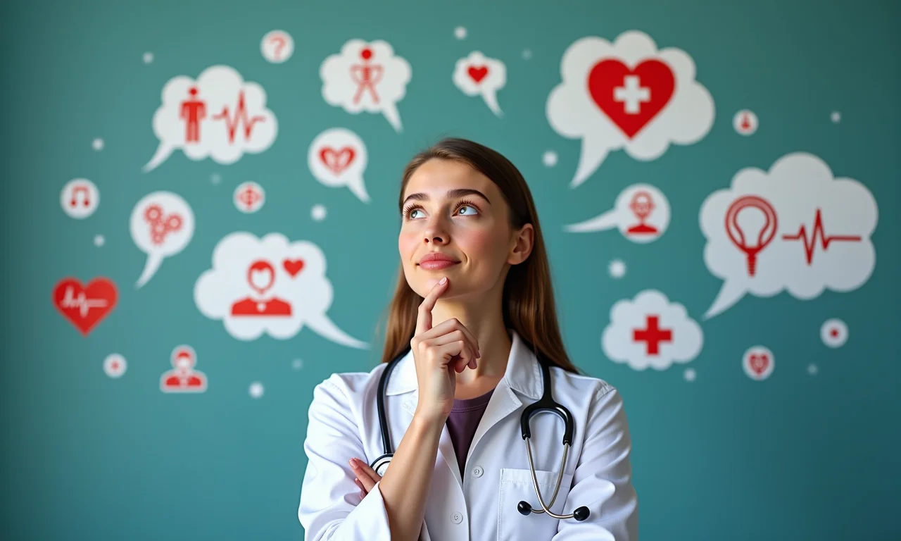 Jovem mulher refletindo sobre as diversas áreas da saúde, ponderando suas opções de carreira.