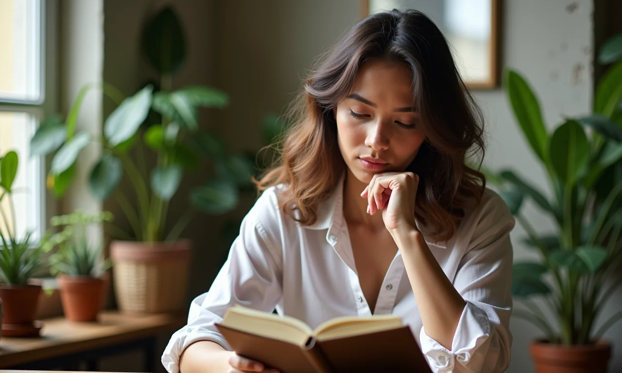 Jovem mulher refletindo sobre seus interesses e habilidades.