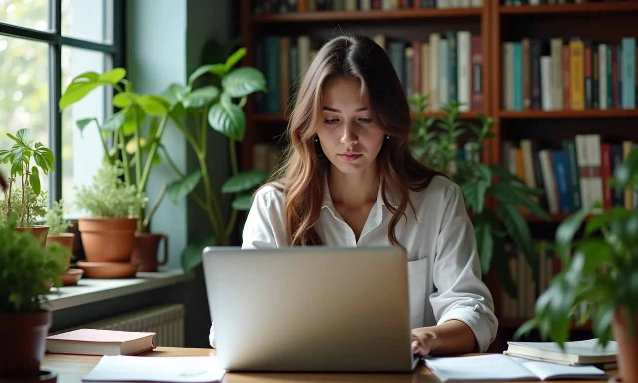 Jovem pesquisadora estudando em apartamento aconchegante.