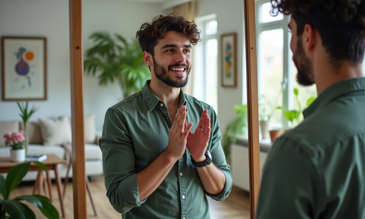 Jovem praticando discurso para entrevista de estágio em frente ao espelho.