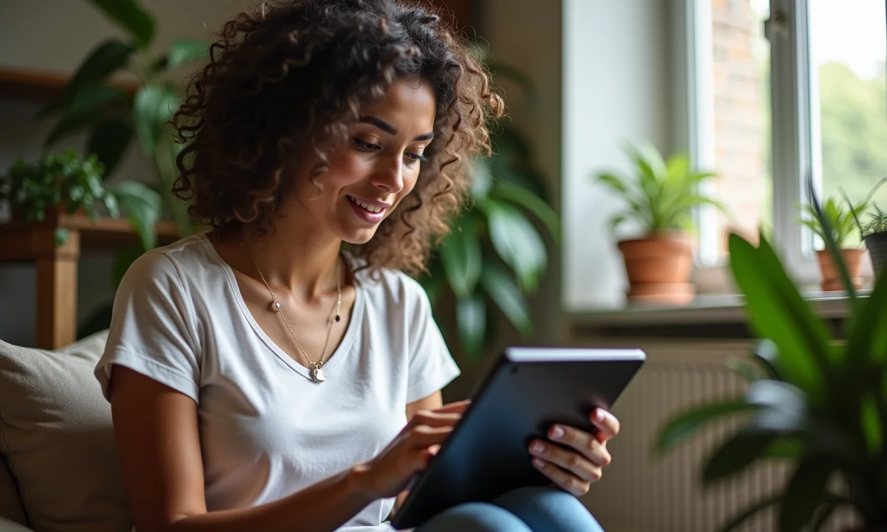 Jovem preenchendo questionário de autoconhecimento em tablet.
