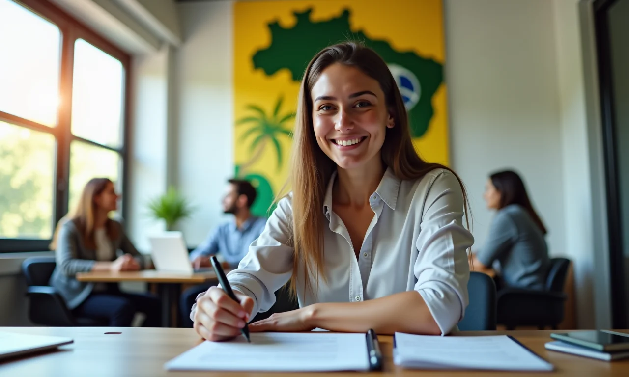 Jovem profissional brasileira assinando contrato de trabalho em escritório iluminado.