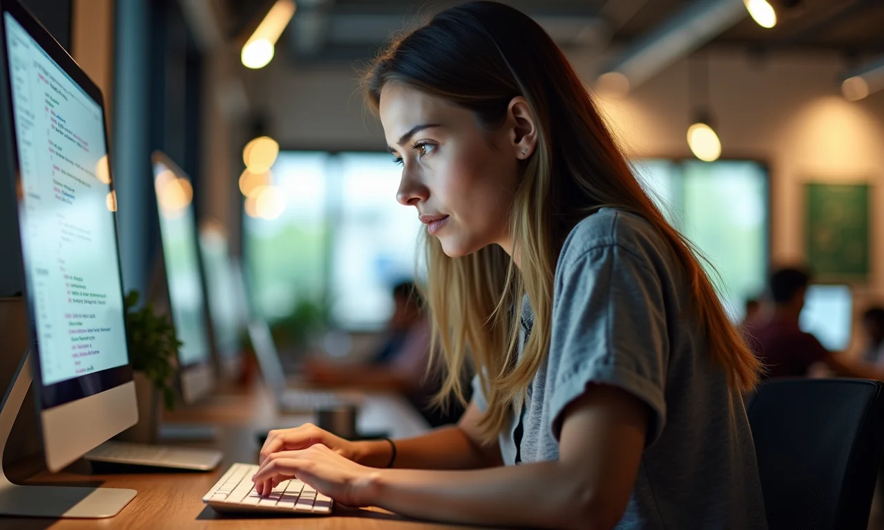 Jovem profissional brasileira trabalhando em projeto de programação, com foco em habilidades práticas.