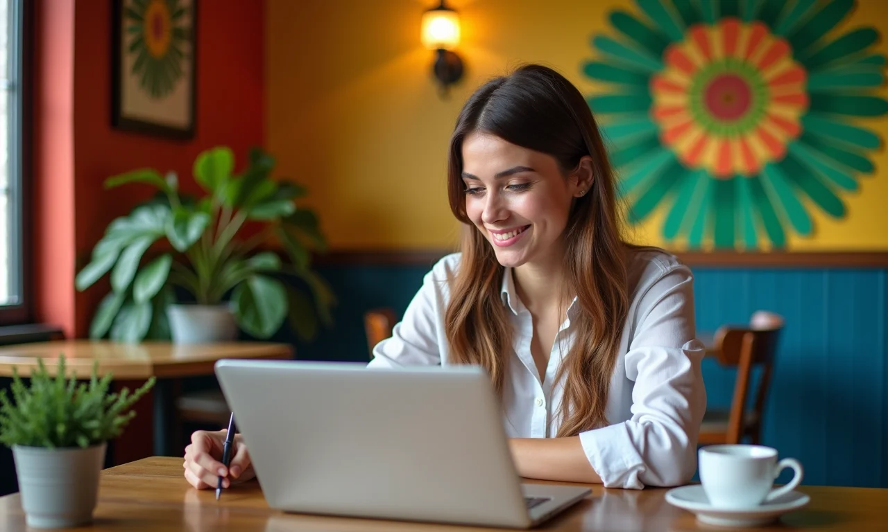 Jovem profissional estuda para especialização em café com decoração brasileira.