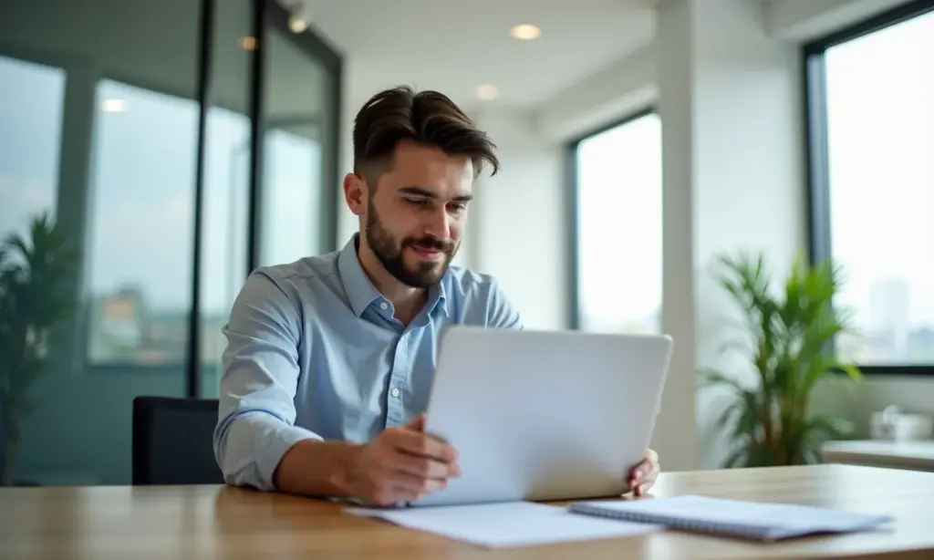 Entrevista de Emprego Para Estagio O Que Esperar e Como Se Preparar Jovem profissional se preparando para entrevista de estágio em escritório moderno.