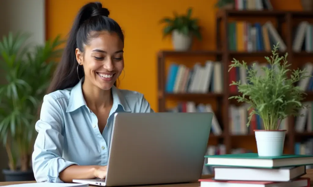 Teste Vocacional Para Marketing Você é um Estrategista Nato Jovem sorrindo ao fazer teste vocacional de marketing online em um laptop.