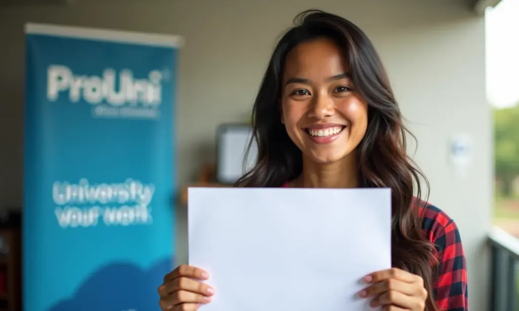 Jovem sorrindo com carta de aprovação do ProUni na mão.
