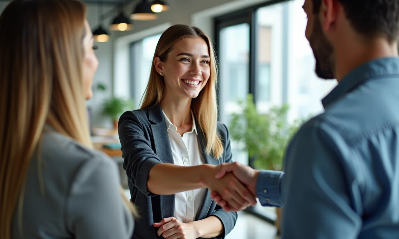 Jovem sorrindo e apertando a mão do entrevistador em escritório moderno.