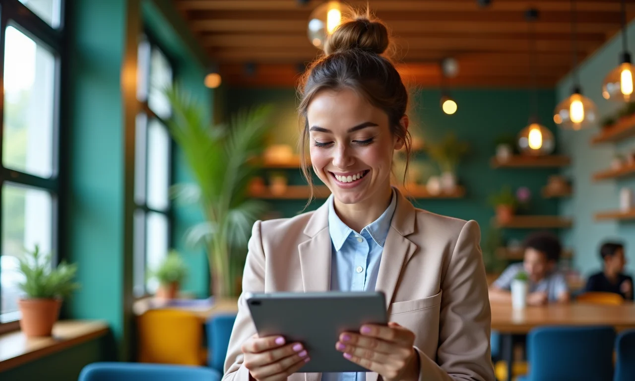 Jovem sorrindo enquanto faz teste de personalidade em tablet.