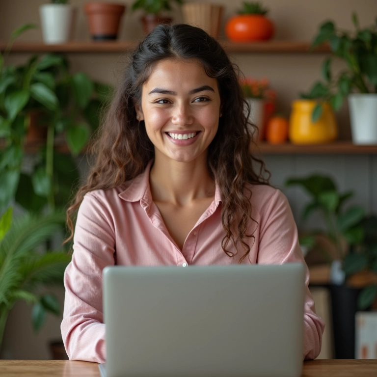 Jovem sorrindo enquanto faz um teste vocacional online em um laptop.