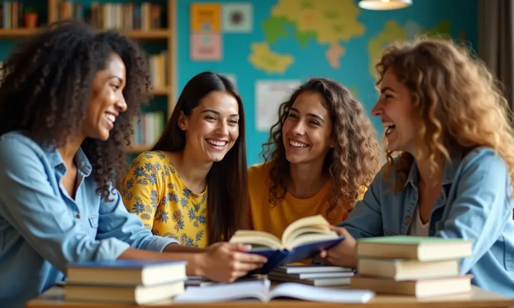 Como Escolher a Faculdade Certa 7 Dicas Essenciais Jovens adultos animados discutindo opções de faculdade.