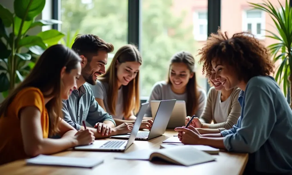 10 Plataformas de Cursos Online Gratuitos com Certificado Jovens adultos diversos estudando juntos online com laptops e plantas.
