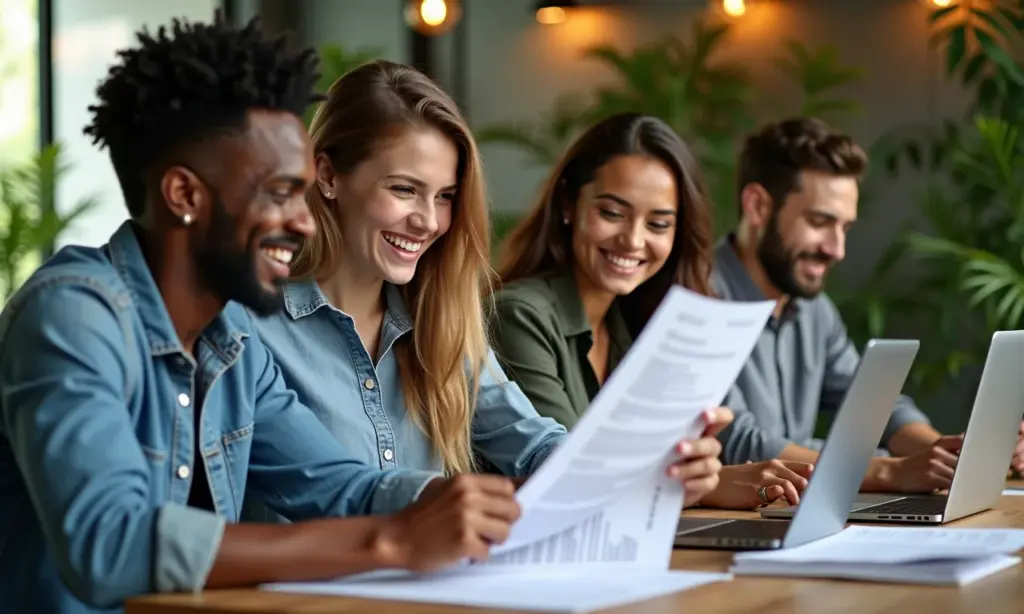 Jovens adultos diversos preenchendo modelos de currículo em laptops.