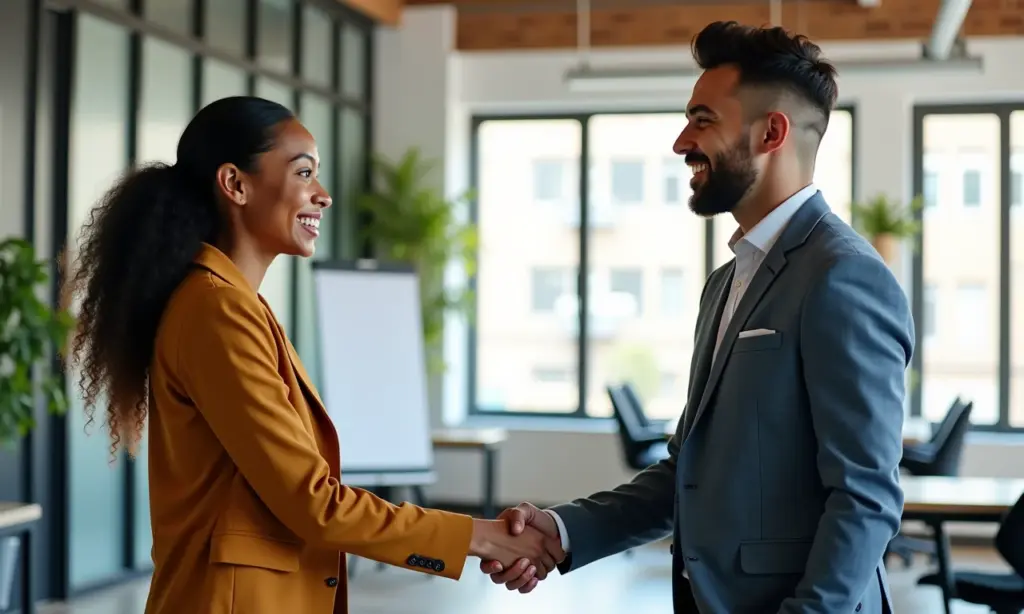 Jovem Aprendiz vs Estágio Qual a Diferença Jovens adultos sorrindo e apertando as mãos, simbolizando a escolha entre jovem aprendiz e estágio.