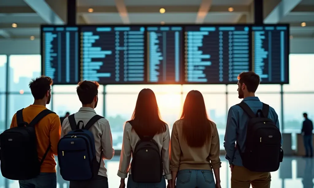 É Possível Trabalhar e Estudar no Exterior Regras e Dicas Jovens animados olhando painel de embarque com destinos internacionais.
