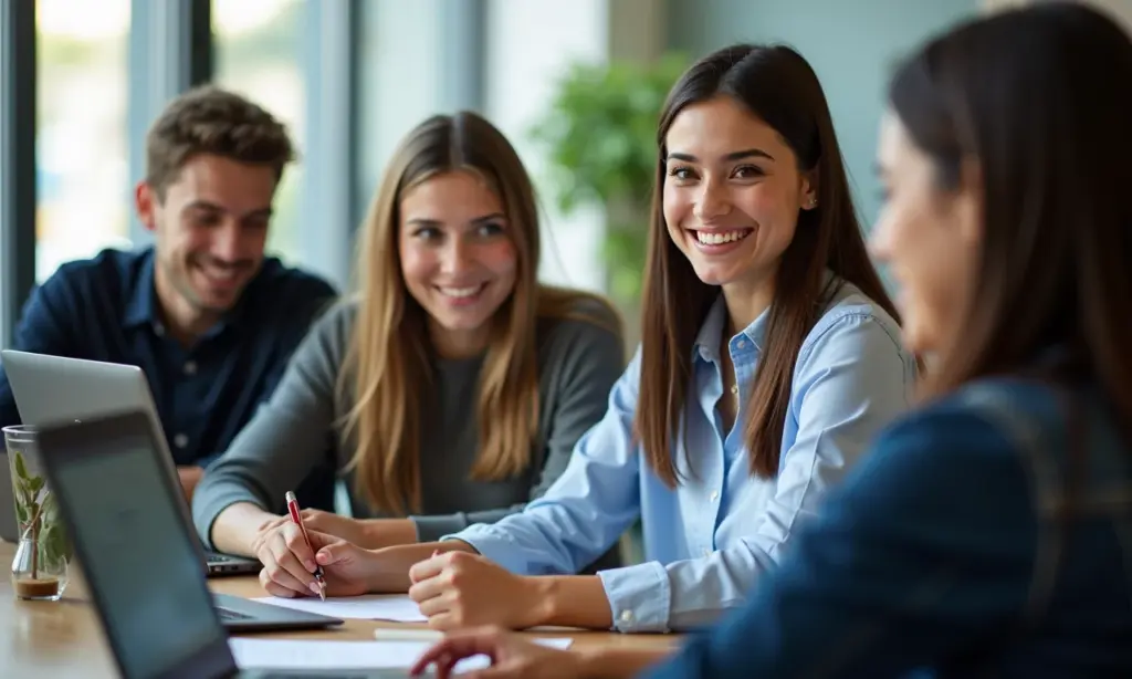 Jovens aprendizes colaborando em um escritório moderno e diverso.