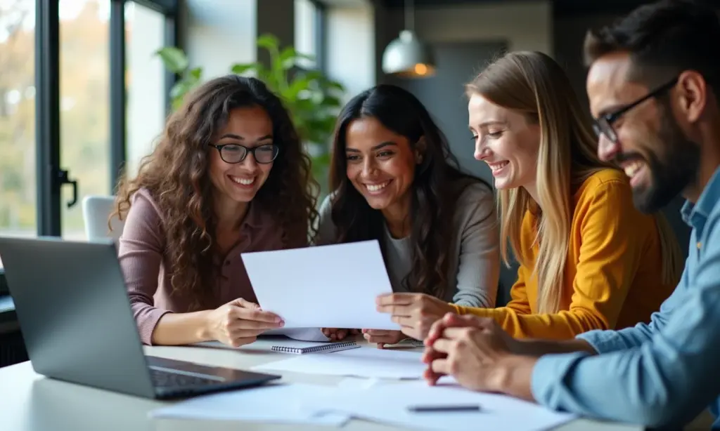 Jovens diversos colaborando em um escritório moderno, simbolizando oportunidades de estágio técnico.