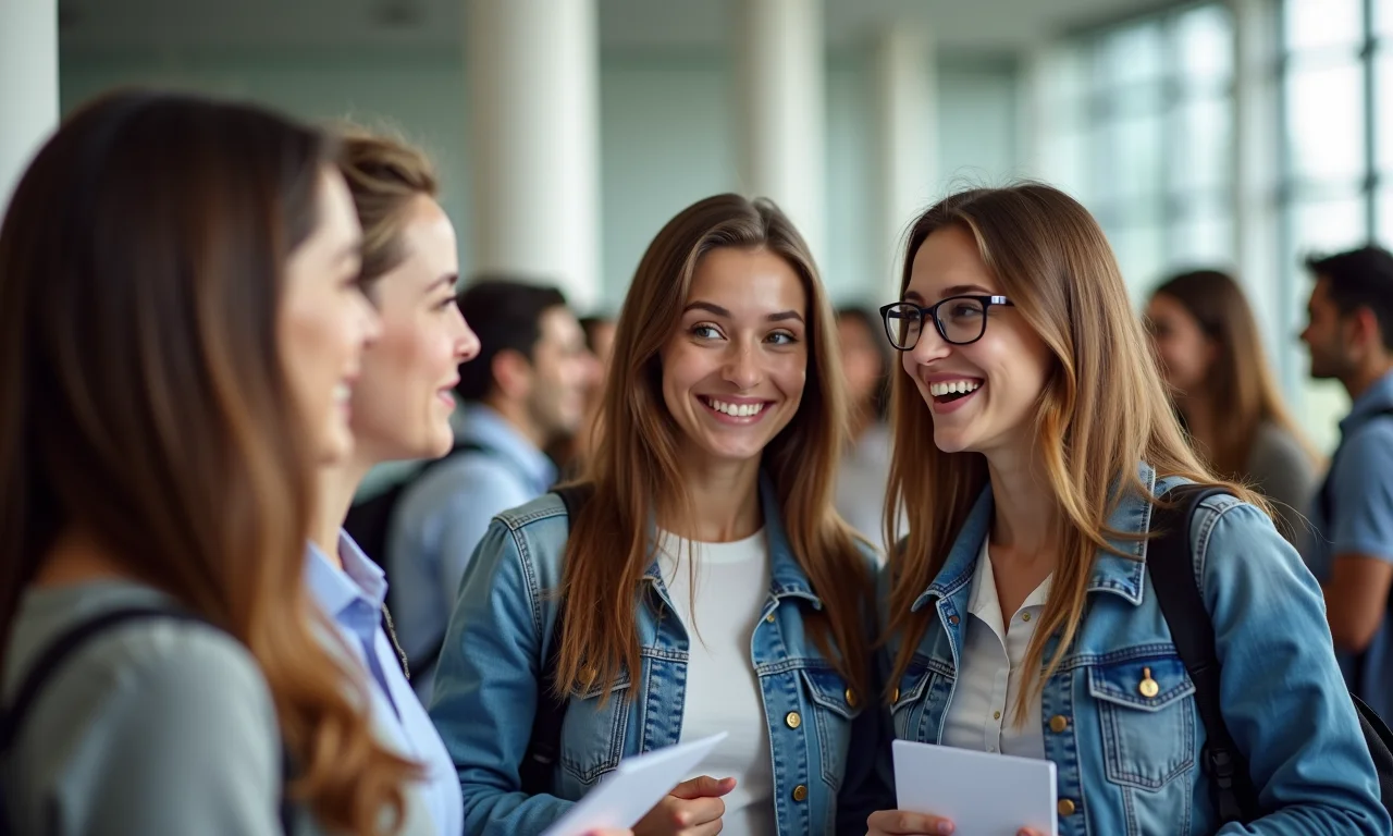 Jovens em feira de profissões explorando opções de faculdade de farmácia.