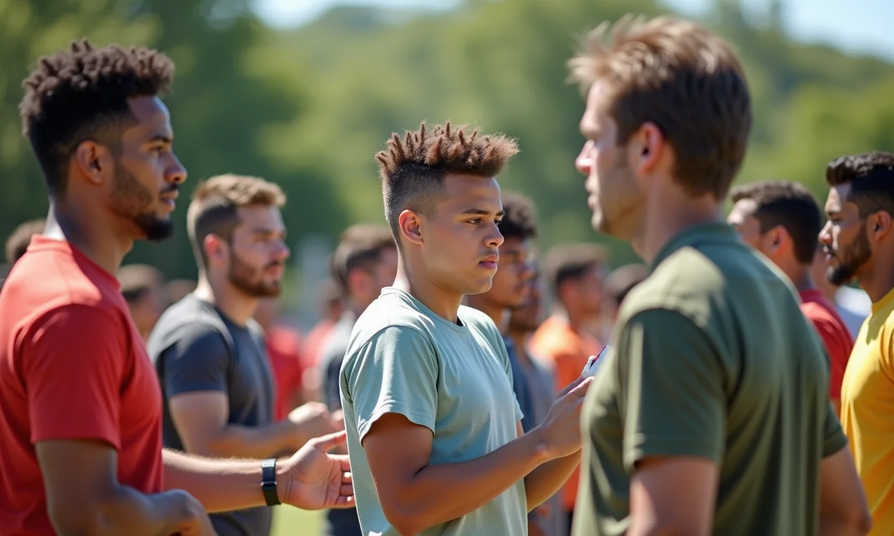 Jovens em teste físico ao ar livre para estágio técnico, com supervisor militar.