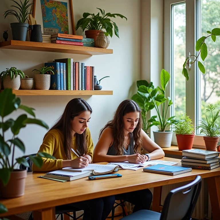 Jovens estudando juntos em república estudantil com decoração vibrante.