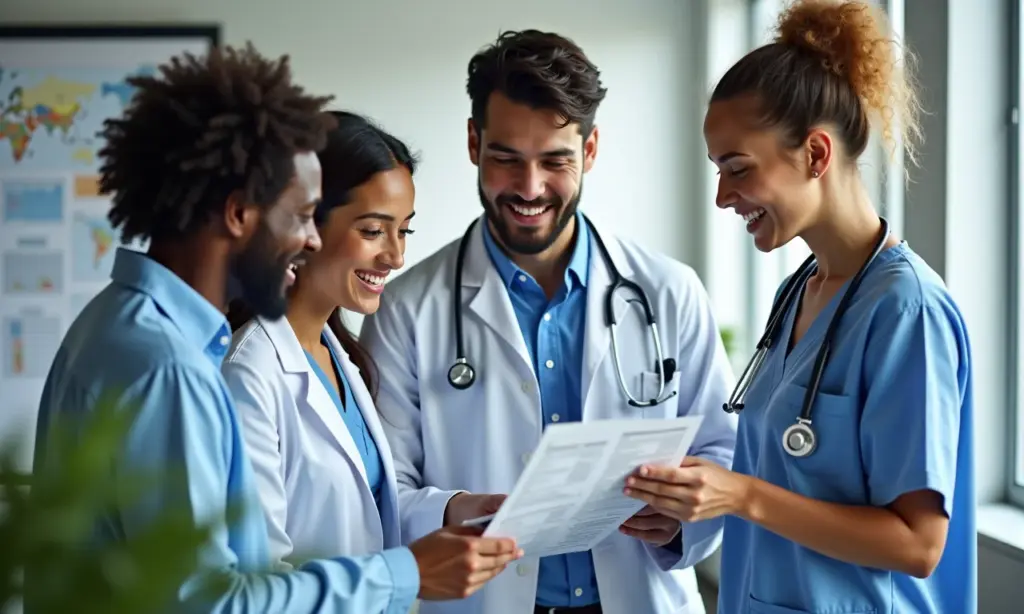 Jovens profissionais da saúde analisando prontuários em equipe, ambiente de trabalho iluminado e inspirador.