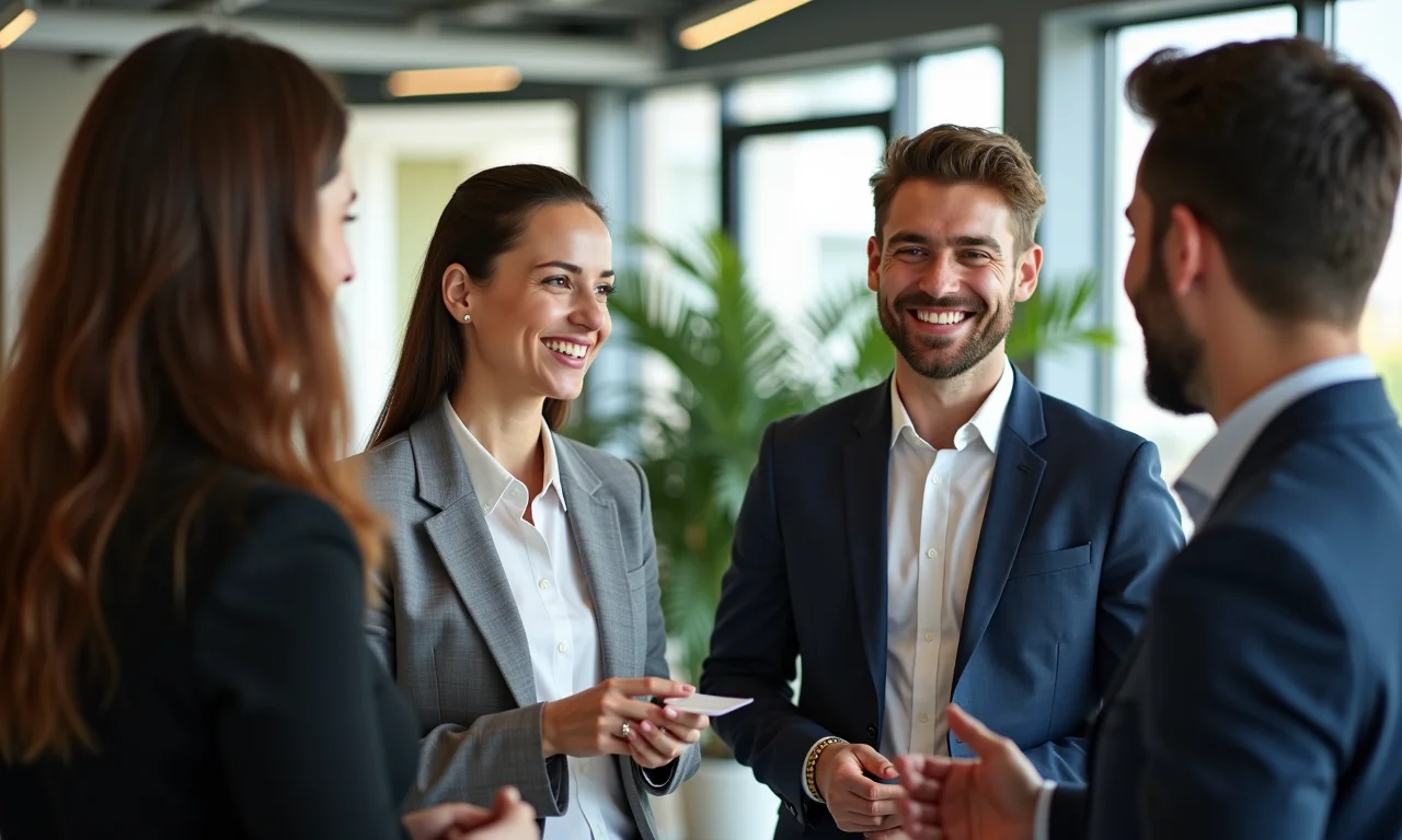 Jovens profissionais trocando cartões de visita em um evento de networking, representando as vantagens do estágio.
