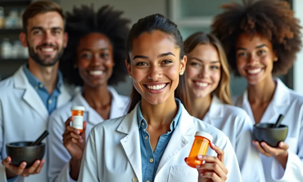 Teste Vocacional Para Farmacia Descubra Sua Afinidade Com Medicamentos Jovens sorrindo com frascos de remédios e almofariz, visualizando futuro na farmácia.