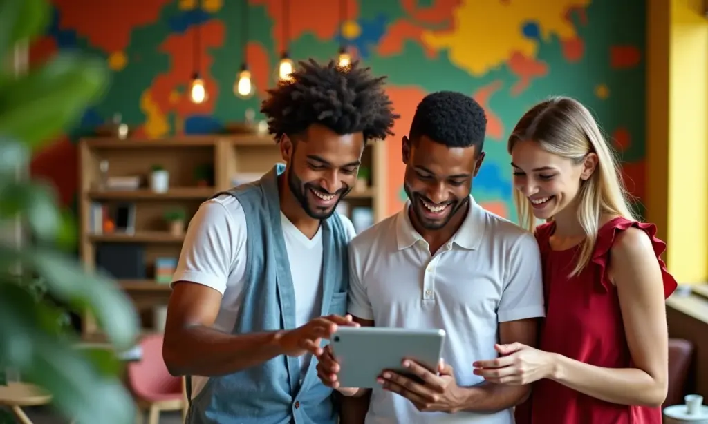 Salário de Turismólogo Veja a Média de Ganhos na Área Jovens turismólogos planejando rotas de viagem em tablet em escritório vibrante.