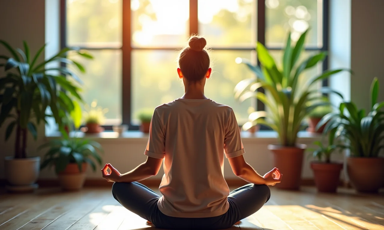 Líder consciente meditando em um escritório vibrante.