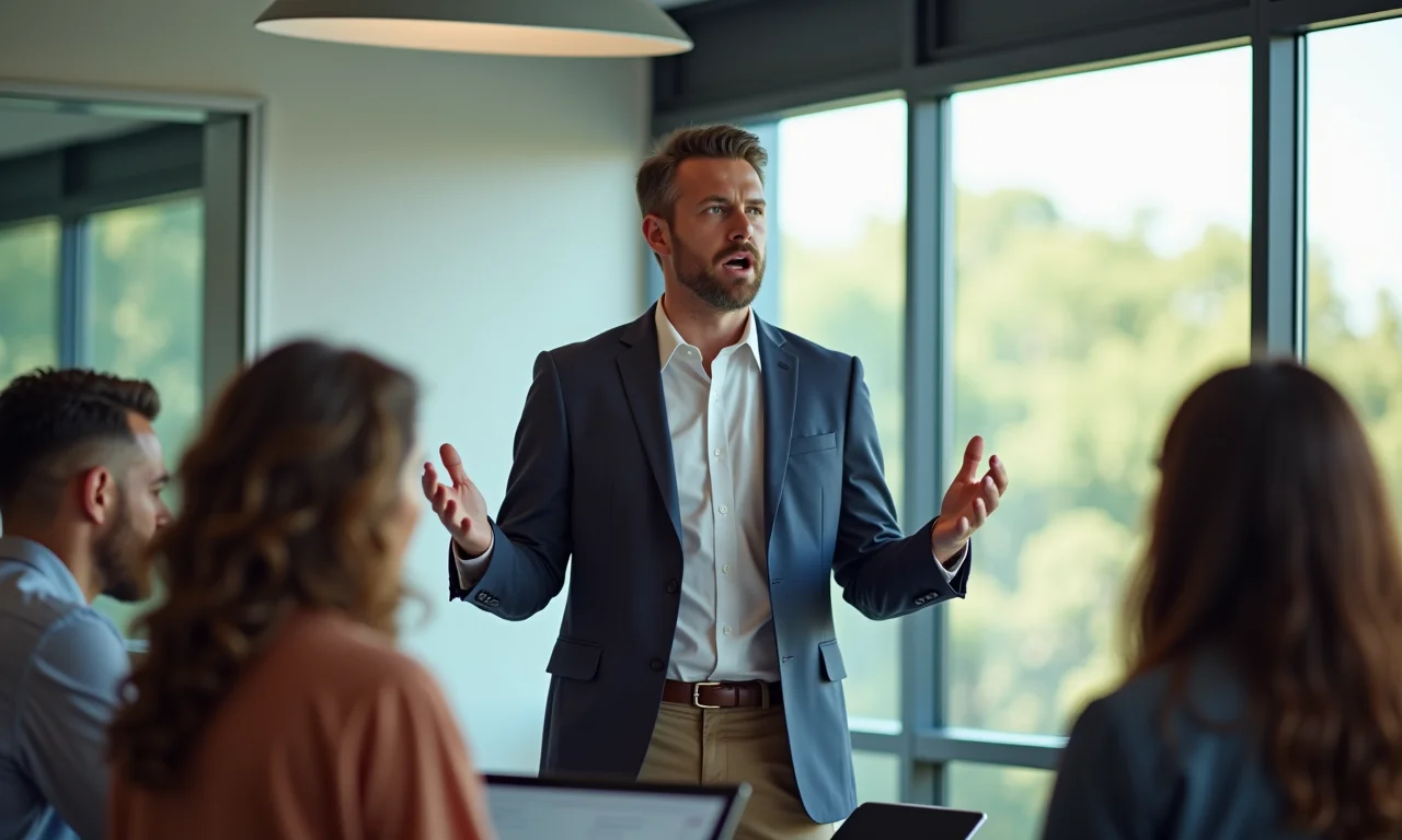 Líder inspirador discursando para equipe diversa em escritório moderno.