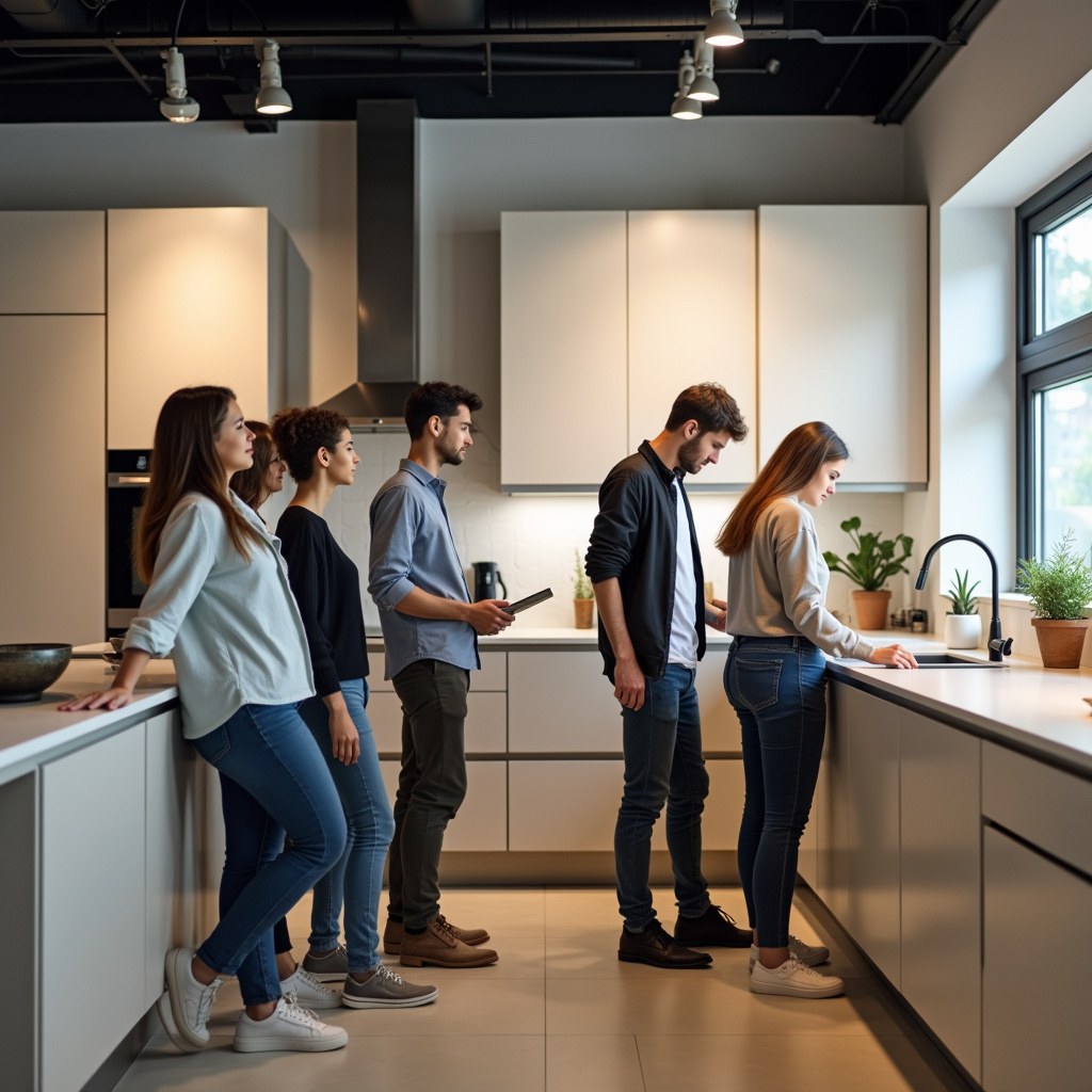 Lifestyle photography of a diverse group of people (various ages and ethnicities) browsing kitchen Pessoas de diferentes idades e etnias olhando móveis de cozinha.
