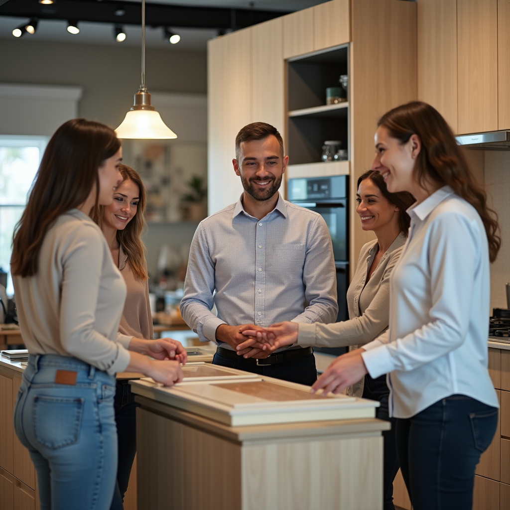 Lifestyle photography of a diverse sales team presenting kitchen cabinet options to a customer in a Vendedores apresentando opções de móveis de cozinha para cliente.