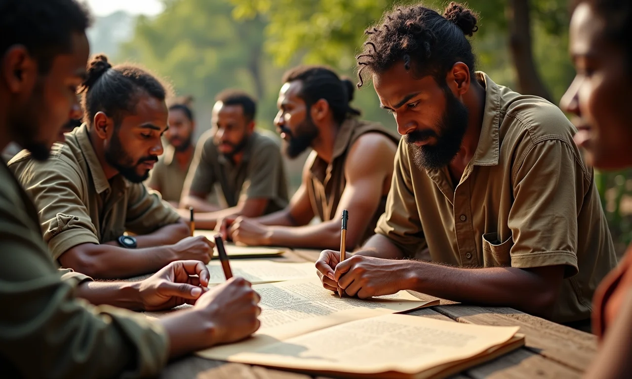 Linguistas analisando escrituras antigas.