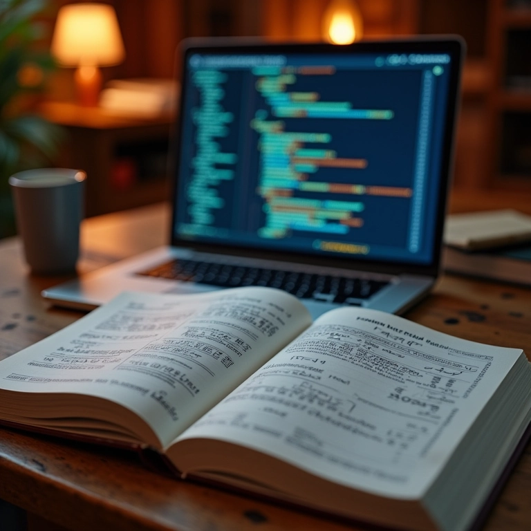 Livros de matemática e estatística sobrepostos a código de programação.