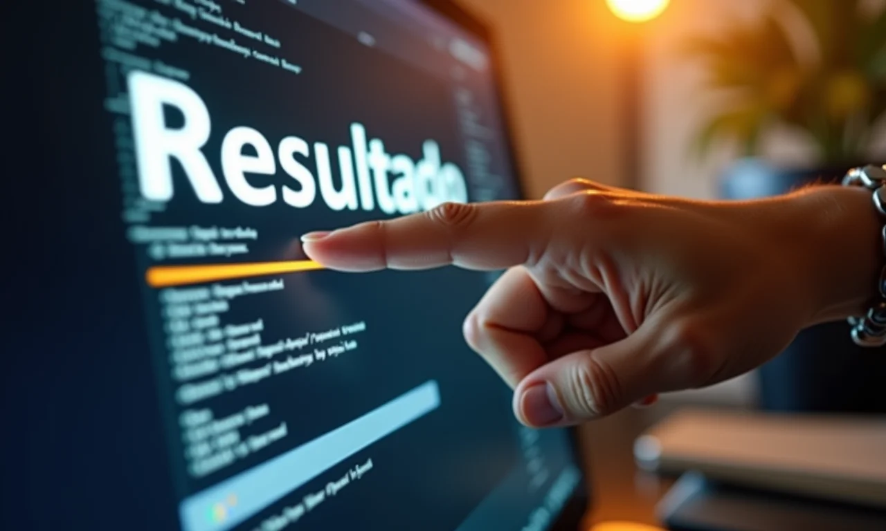 Mão apontando para 'Resultado' na tela do computador.