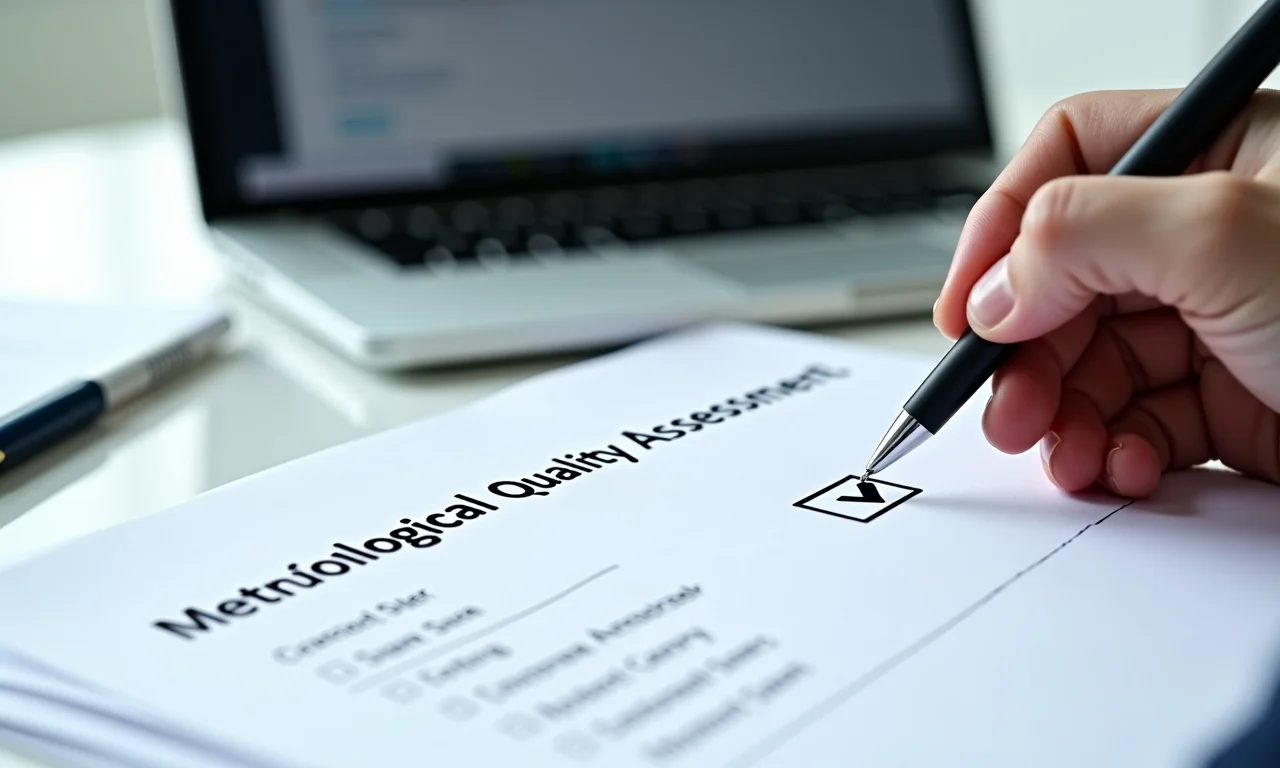 Mão marcando checklist de avaliação de qualidade metodológica de estudo.