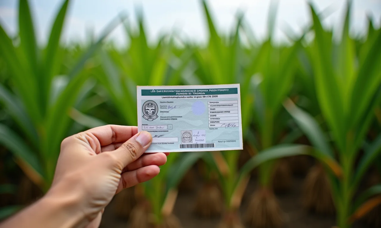 Mão segurando carteira de trabalho em campo de cana, representando registro formal.