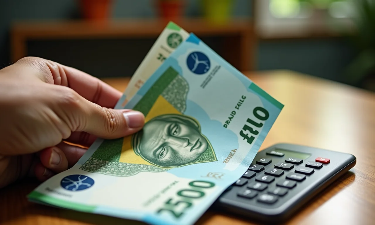 Mão segurando dinheiro ao lado da tabela de valores do PIS/PASEP.