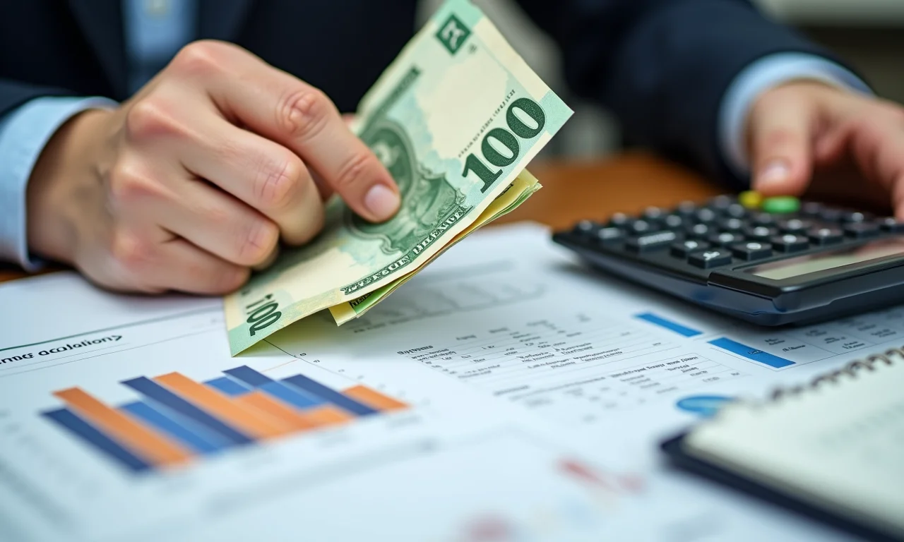 Mão segurando moeda estrangeira, calculadora e documentos financeiros.
