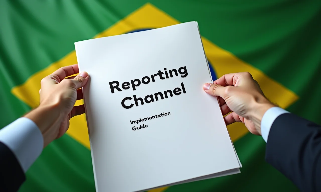 Mão segurando um guia prático para implementação de canal de denúncias, com a bandeira do Brasil ao fundo.