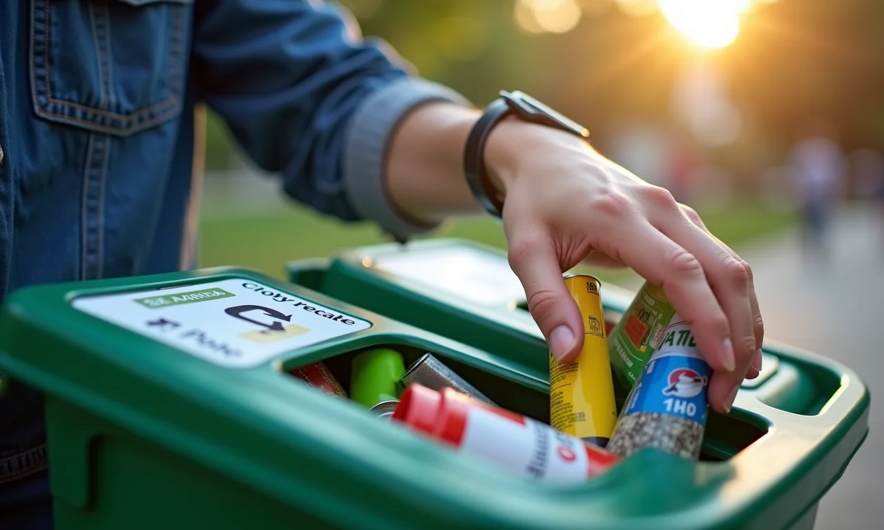 Mão separando lixo reciclável em lixeira seletiva no campus.