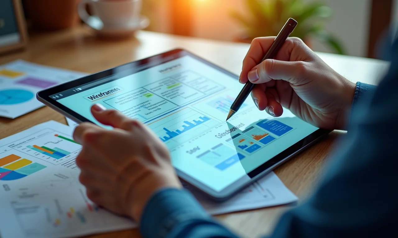 Mãos criando wireframes em tablet, elementos de UI ao redor.