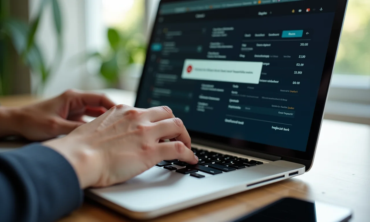 Mãos de mulher digitando dados bancários em um laptop, alerta de informação incorreta na tela.