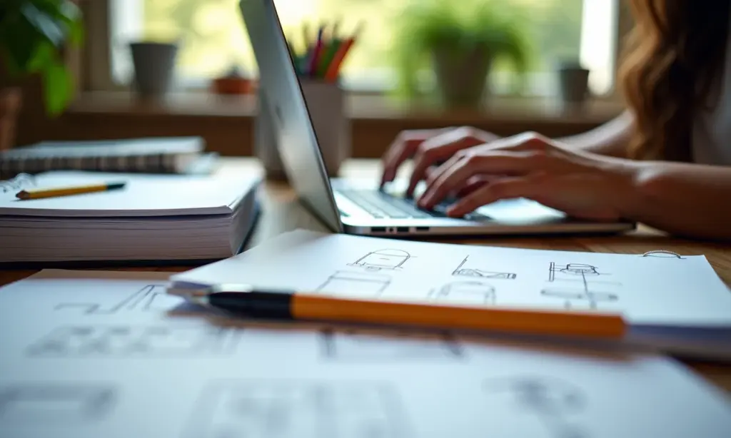 Como Construir um Portfólio de UX Writer do Zero Mãos de UX writer digitando em laptop, cercado por materiais de design.