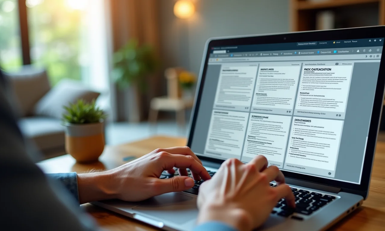 Mãos digitando em um laptop com modelos de currículo em PDF.