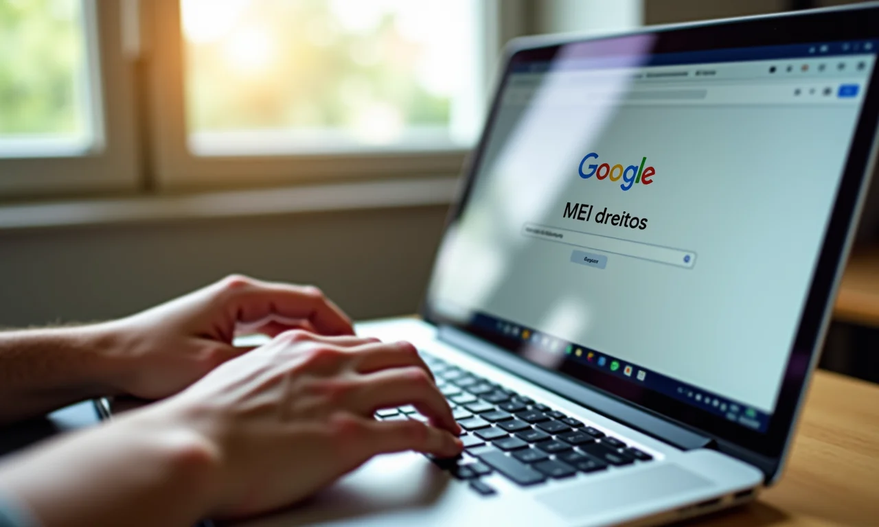 Mãos digitando 'MEI direitos' em um laptop.