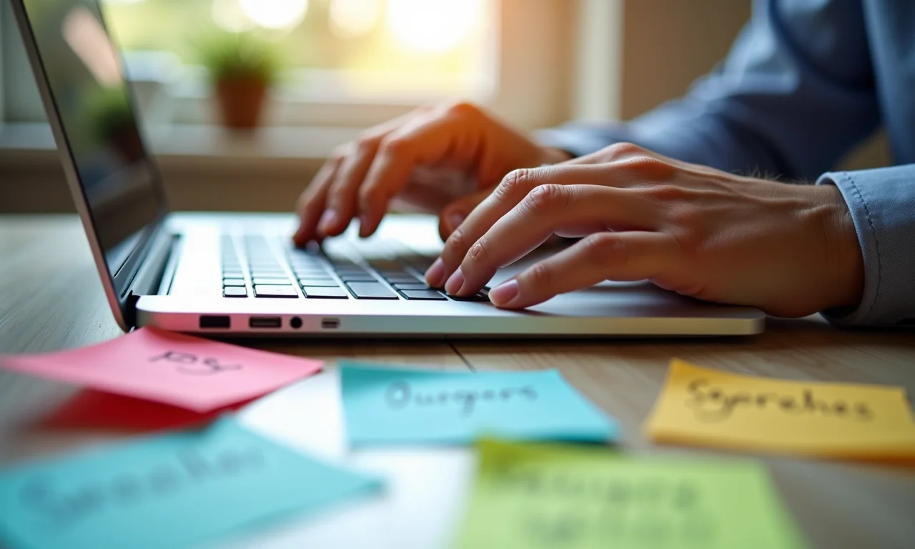 Mãos digitando pergunta de pesquisa em um laptop, cercado de notas adesivas com palavras-chave.